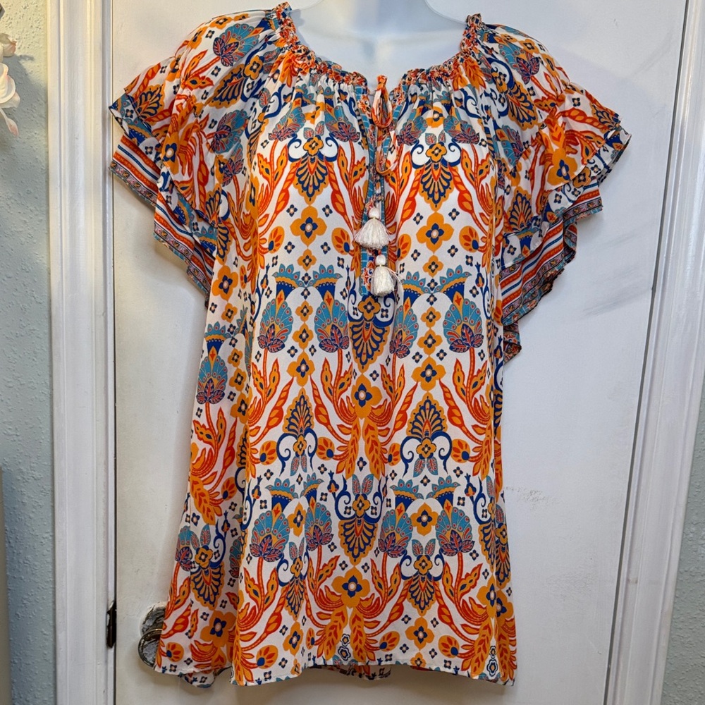 Rose & Olive Floral Print Blouse with Orange and Blue Accents Size 1X Women’s